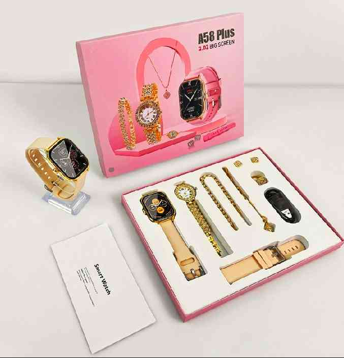 A58 Plus Smart Watch Combo Gift Set – ৮ আইটেমের প্রিমিয়াম গিফট প্যাকেজ