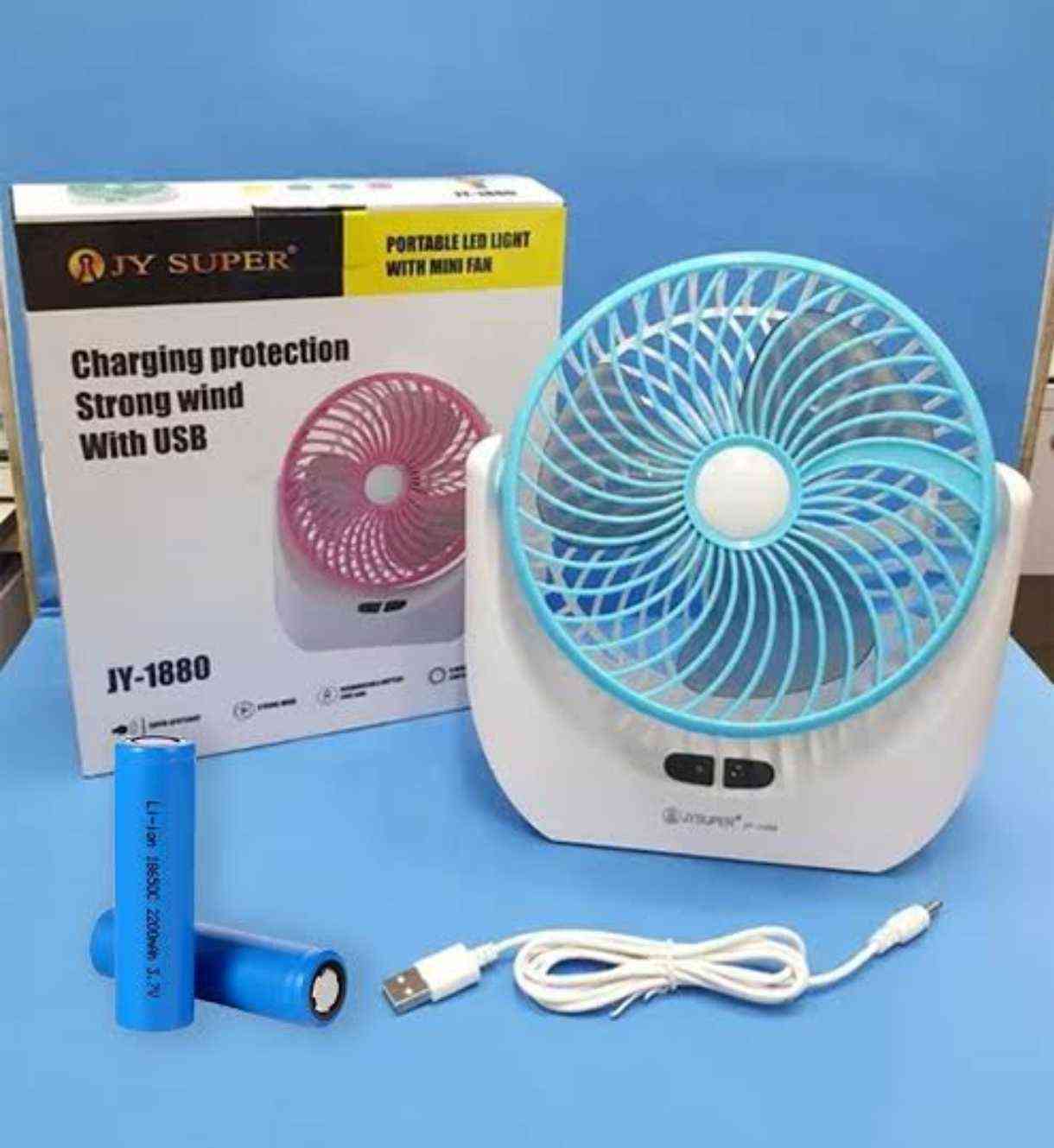 JY 1880 Portable Rechargeable Charger Fan with LED Light | 6 Inch Mini Fan বাংলাদেশ