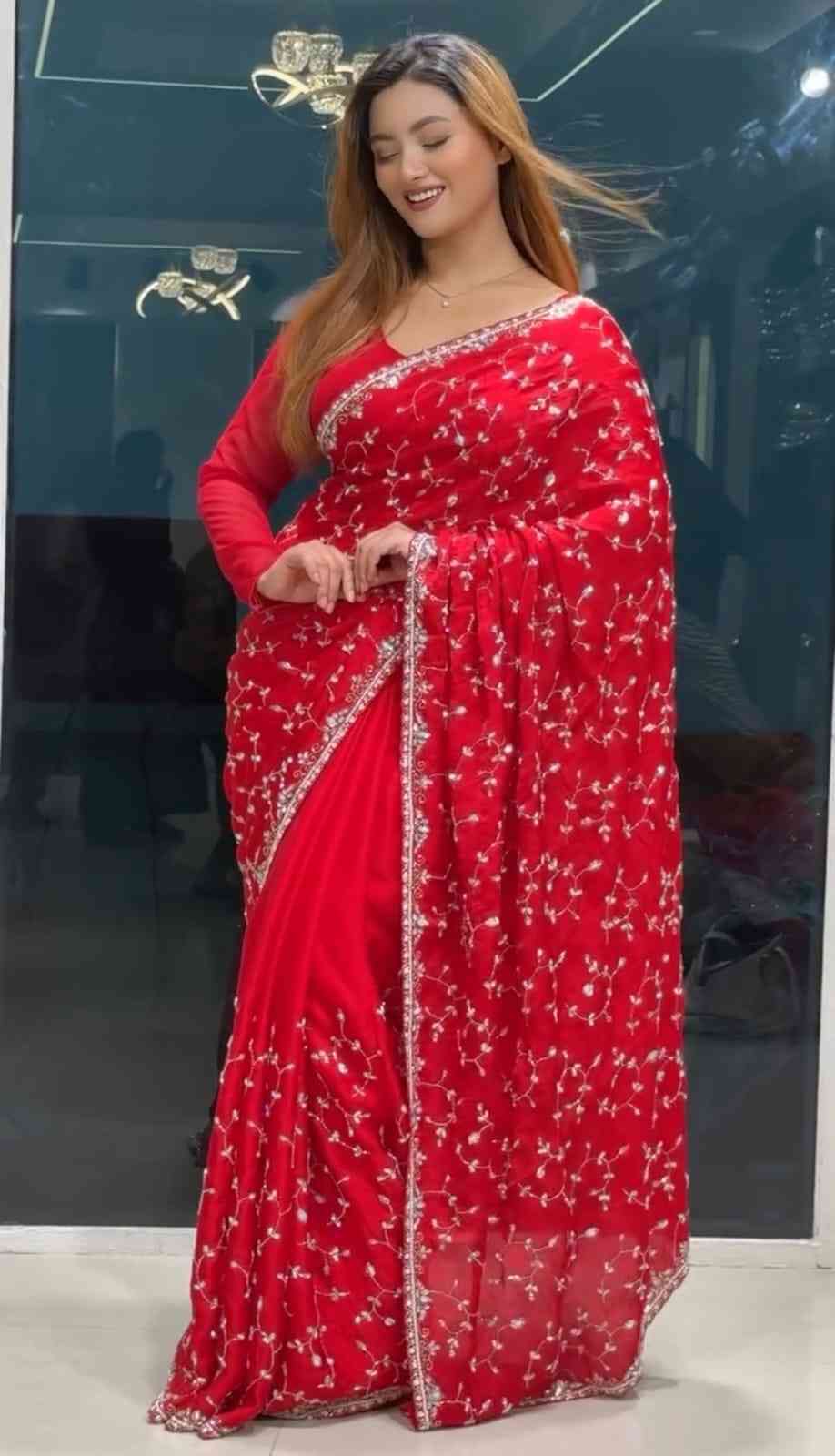 চিনিগুড়া জর্জেট সিকুয়েন্স ও এমব্রয়ডারি শাড়ি | Indian Georgette Saree