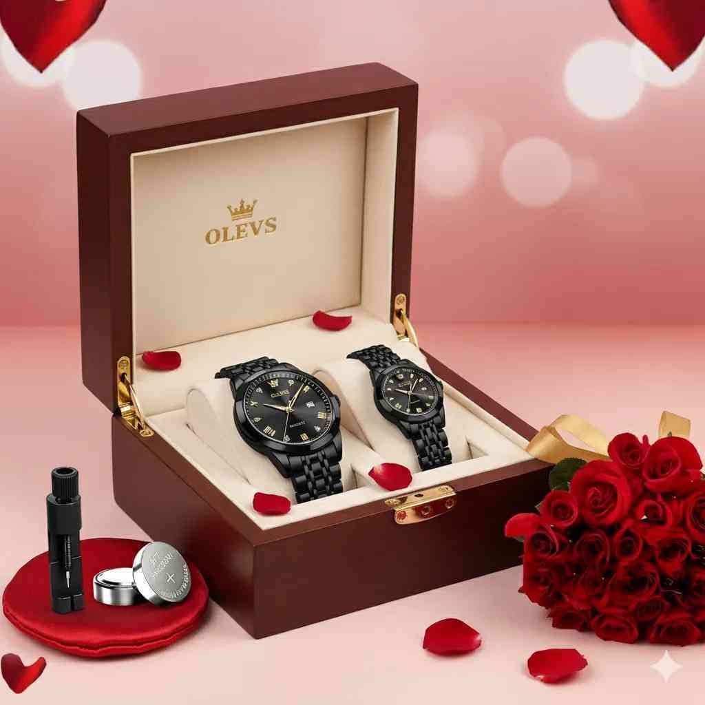 OLEVS Luxury Couple Watch Set – Butterfly Lock Stainless Steel Quartz Watch