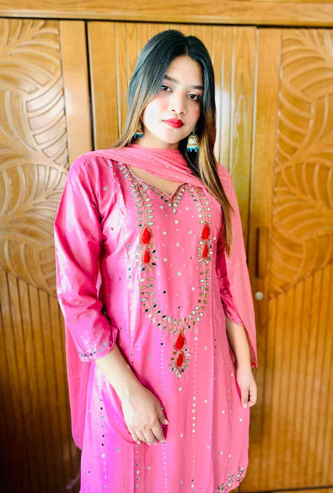 কারচুপি থ্রি-পিস | এসি কটন কামিজ, বাটার সিল্ক সালোয়ার ও শিফন জর্জেট ওড়না